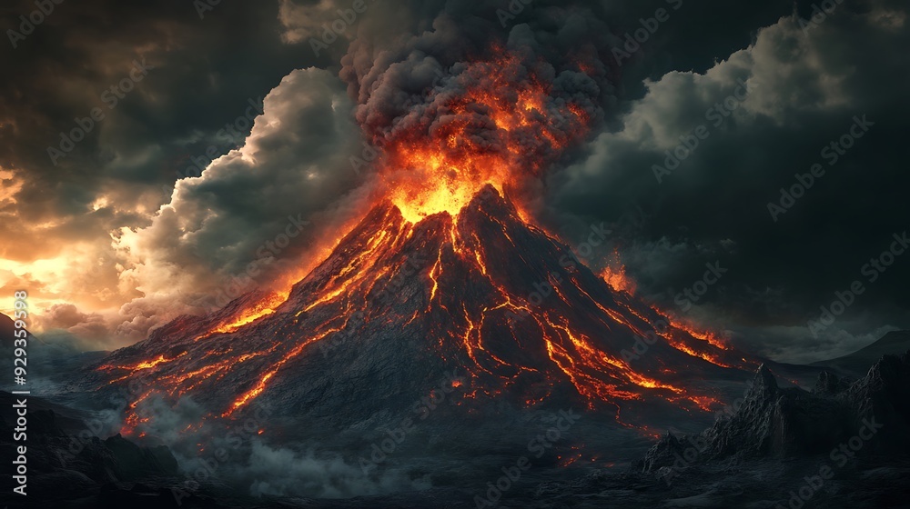 A fiery volcanic eruption with glowing lava and smoke against a stormy sky. A fiery volcanic eruption with glowing lava and smoke against a stormy sky.