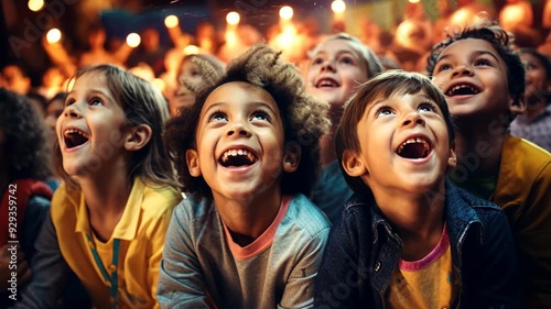 A group of children express pure delight as they watch an enchanting performance at a lively city festival