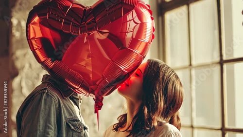 Two people share a tender kiss partially obscured by a shining heart-shaped balloon, creating a warm and affectionate atmosphere