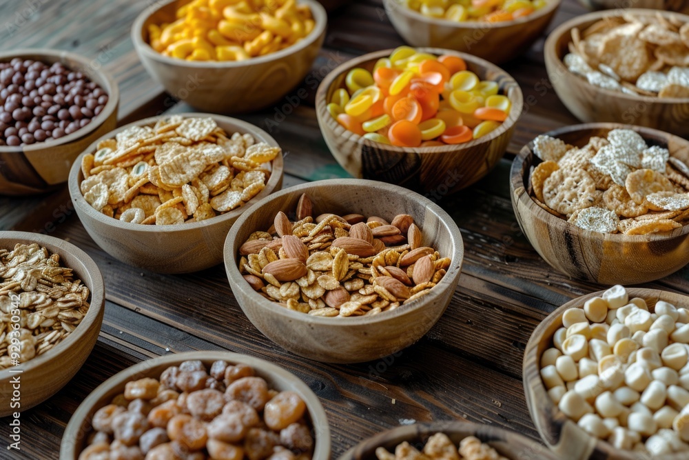 Cereal bowls on a wooden table, various breakfast options available Cereal bowls on a wooden table, various breakfast options available
