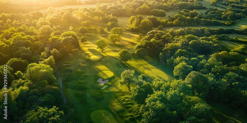 Aerial view of golf course with lush green fairways and surrounding trees Aerial view of golf course with lush green fairways and surrounding trees