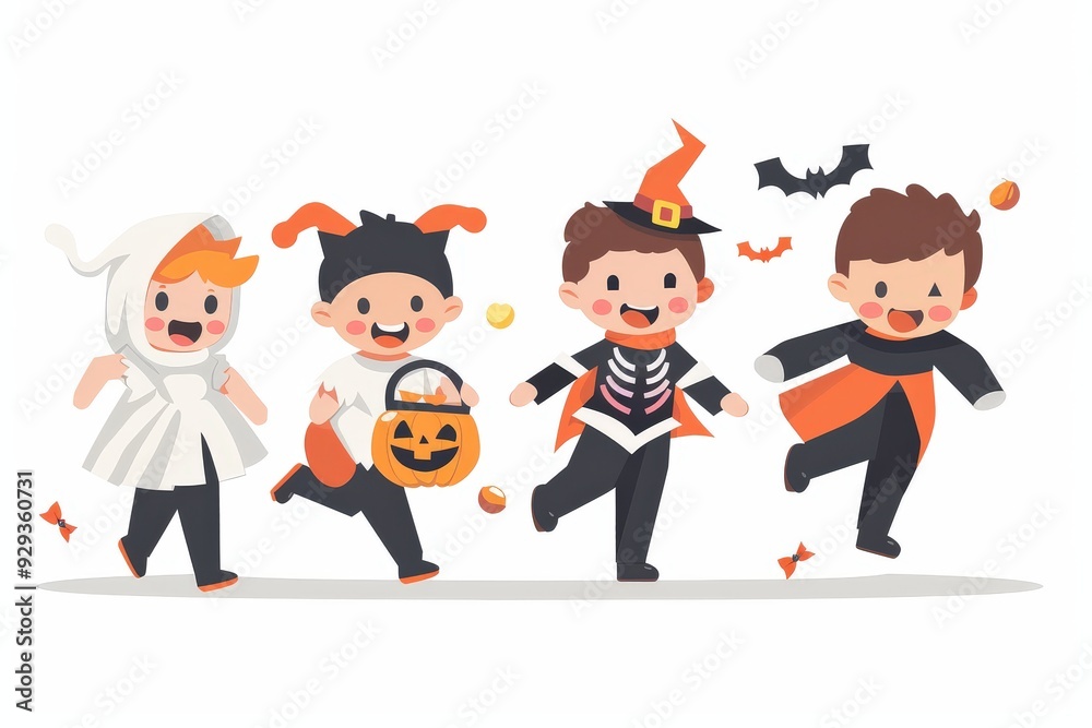 Three children are running through a forest with Halloween decorations Three children are running through a forest with Halloween decorations