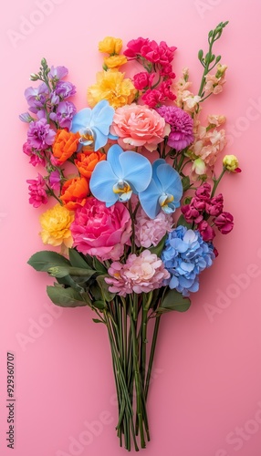 Colorful flower bouquet with blue orchids, pink roses, yellow carnations on pink background
