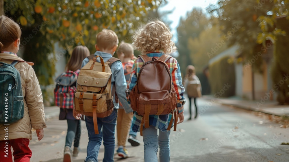 Obraz premium Group of kids strolling along the sidewalk