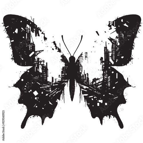 silhouette of Butterfly, filled with destroyed futuristic dystopia environment in rough drawing,