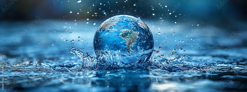 Water droplets form the shape of continents on a globe, copy sapce, emphasizing the interconnectedness of water resources worldwide, Global water awareness concept design Water droplets form the shape of continents on a globe, copy sapce, emphasizing the interconnectedness of water resources worldwide, Global water awareness concept design
