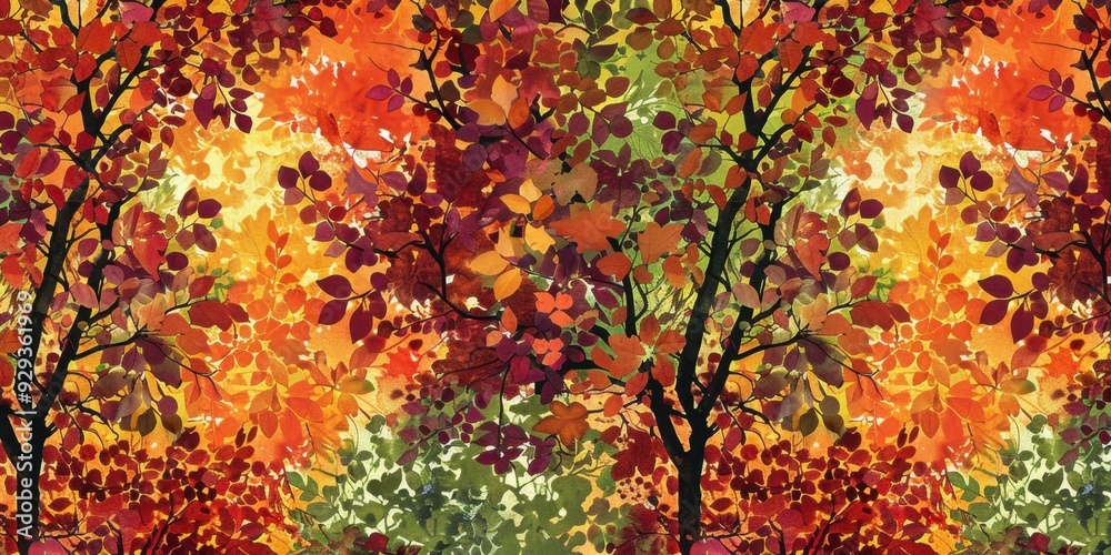 pattern of autumn trees, each leaf with its own unique texture and color, creating an intricate tapestry that captures the beauty of fall foliage in vibrant hues Generative AI