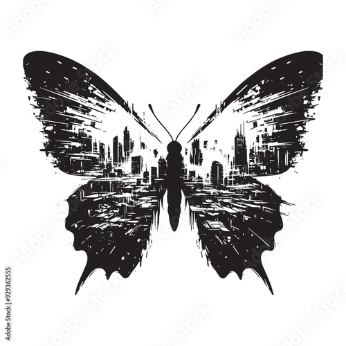 silhouette of Butterfly front, filled with destroyed futuristic dystopia environment in rough drawing,