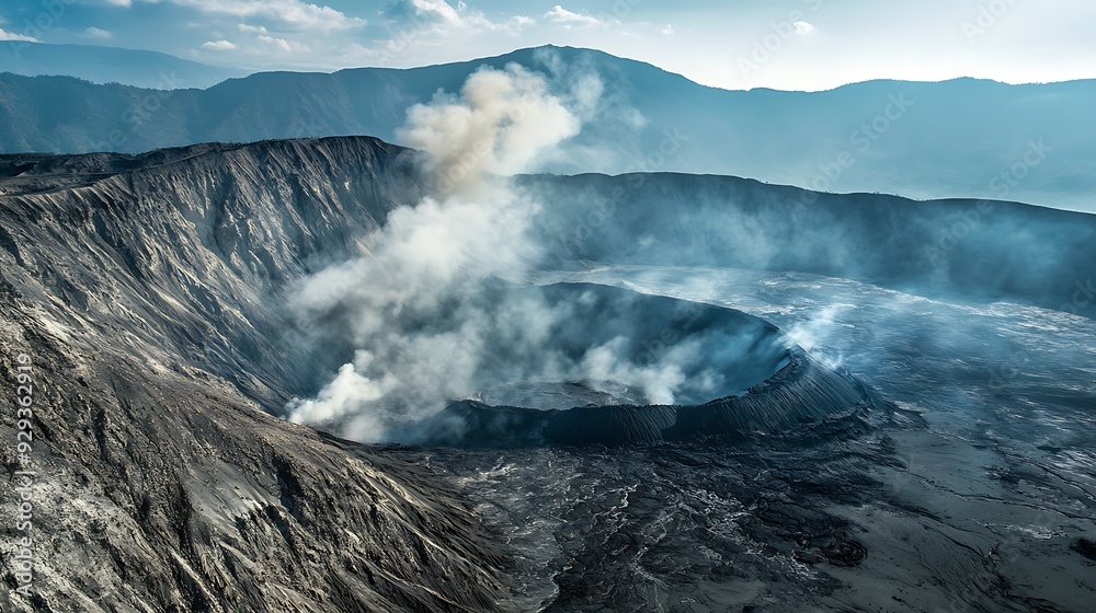 Aerial view of a volcano with smoke billowing from the crater. Aerial view of a volcano with smoke billowing from the crater.