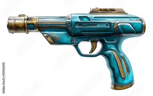 A futuristic, teal and gold pistol with a textured, worn look.