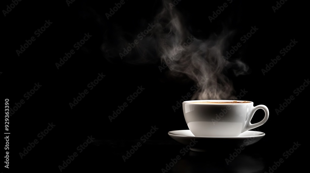 A steaming cup of coffee on a black background. A steaming cup of coffee on a black background.