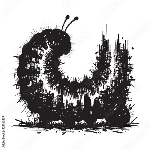 silhouette of Caterpillar, filled with destroyed futuristic dystopia environment in rough drawing,