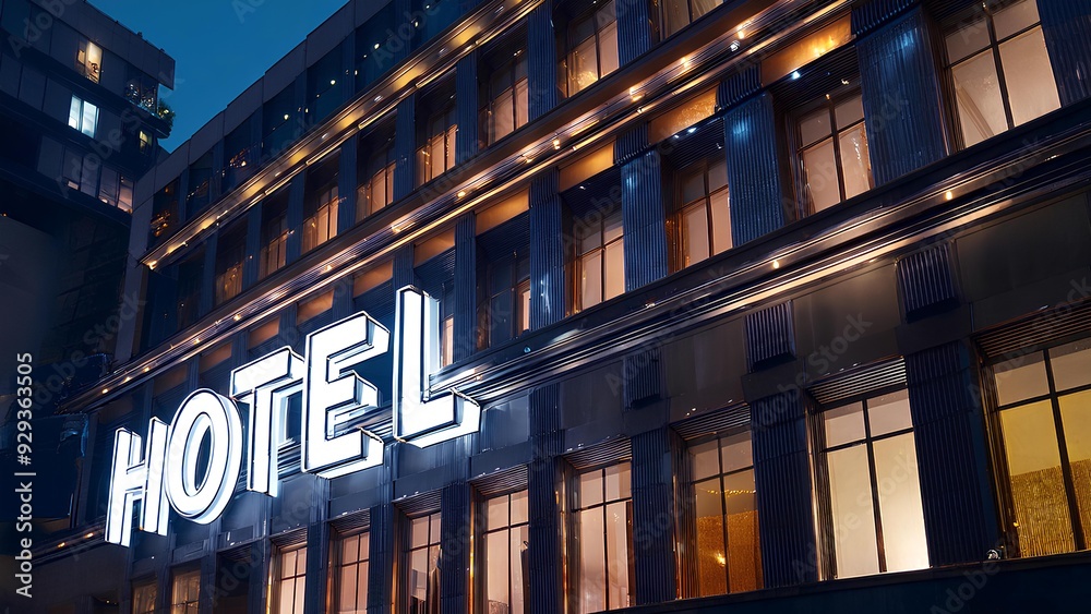 Obraz premium Exterior view of a modern building for tourists and guests. The facade of a luxury hotel building at night, illuminated by a text sign.