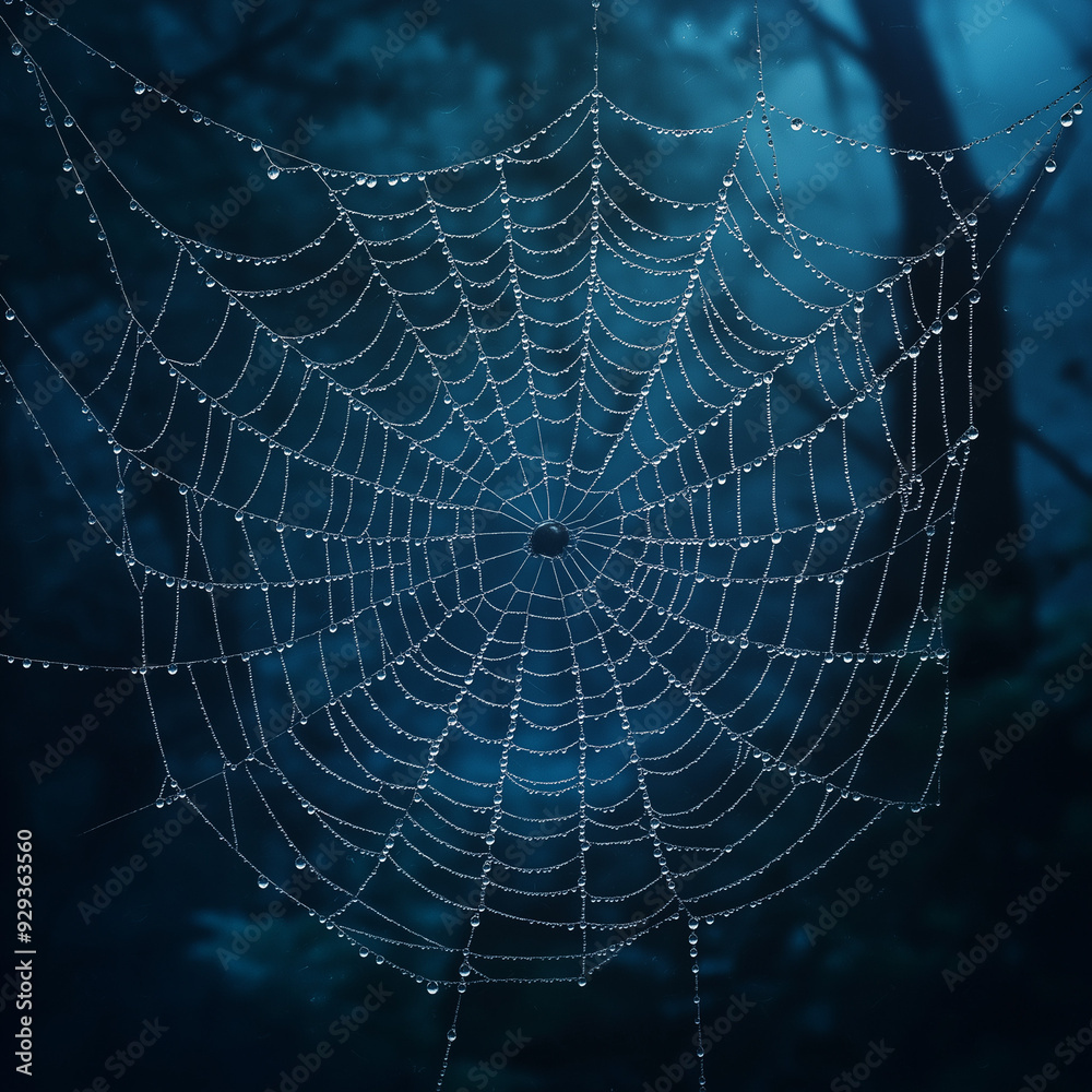 Naklejka premium spider web with dewdrops in forest