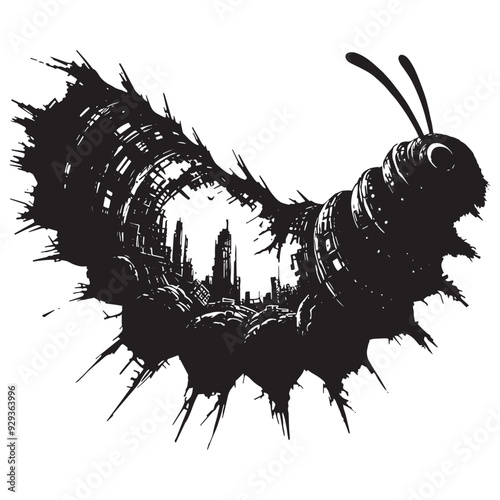 silhouette of Caterpillar flying, filled with destroyed futuristic dystopia environment in rough drawing,