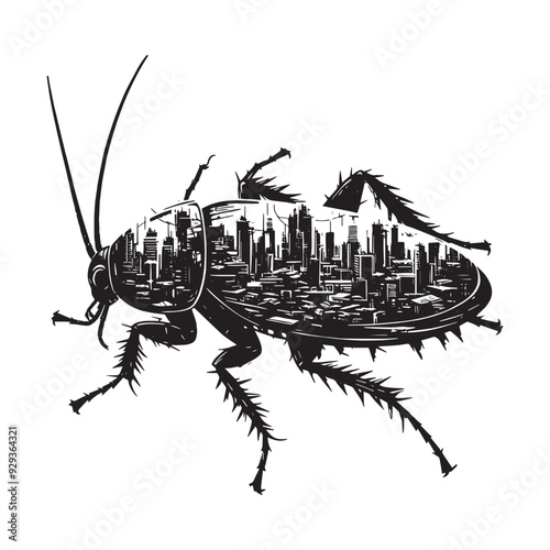 silhouette of cockroach, filled with destroyed futuristic dystopia environment in rough drawing,
