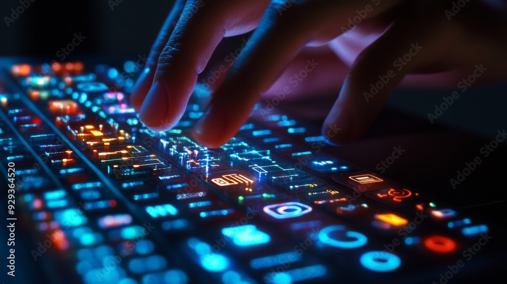 Hand on keyboard, tech icons floating Hand on keyboard, tech icons floating