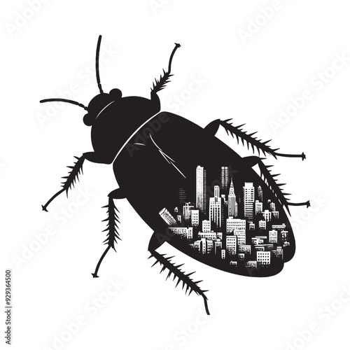silhouette of cockroach, filled with ghetto street in rough drawing,