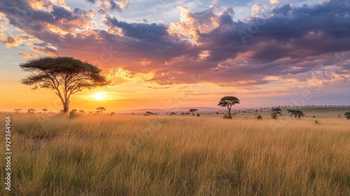 A serene sunset over a grassy savanna with acacia trees silhouetted against the sky.