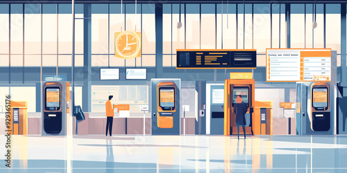 Bus terminal interior with ticket kiosks, waiting areas, and departure gates, flat illustration