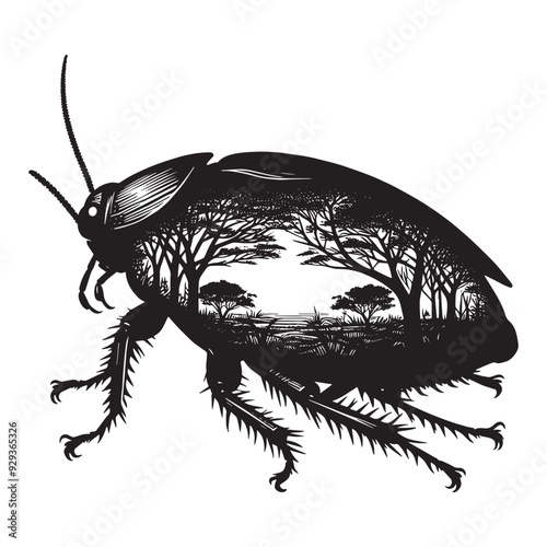 silhouette of cockroach, filled with nature view in rough drawing,
