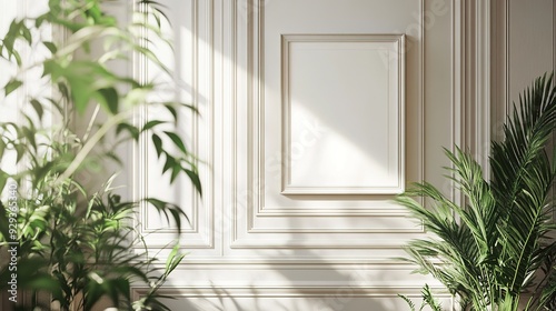 Close-up of a 3D-rendered mock-up frame displayed in an elegant home interior, showcasing a modern and minimalistic design photo