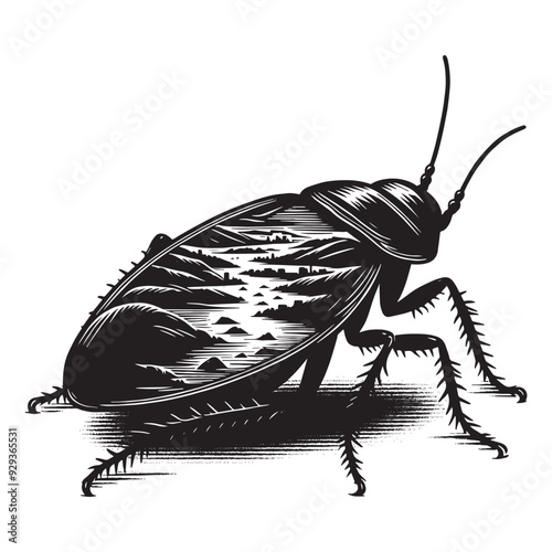 silhouette of cockroach, filled with river view in rough drawing,
