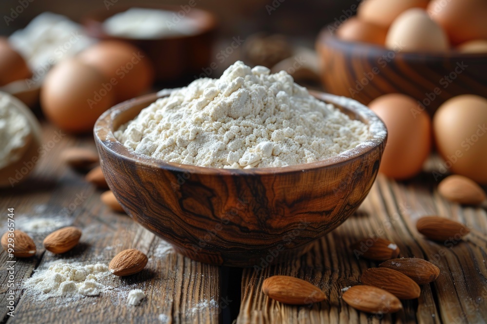 Close up of a bowl of almond flour on a wooden table with almonds scattered around.