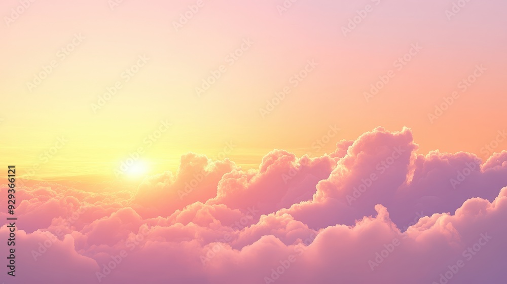 A serene sunset over soft, fluffy clouds, creating a tranquil atmosphere. A serene sunset over soft, fluffy clouds, creating a tranquil atmosphere.