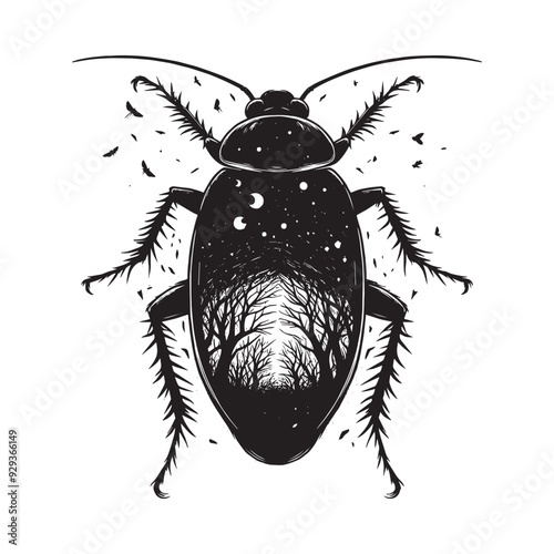 silhouette of cockroach flying, filled with nature night view in rough drawing,