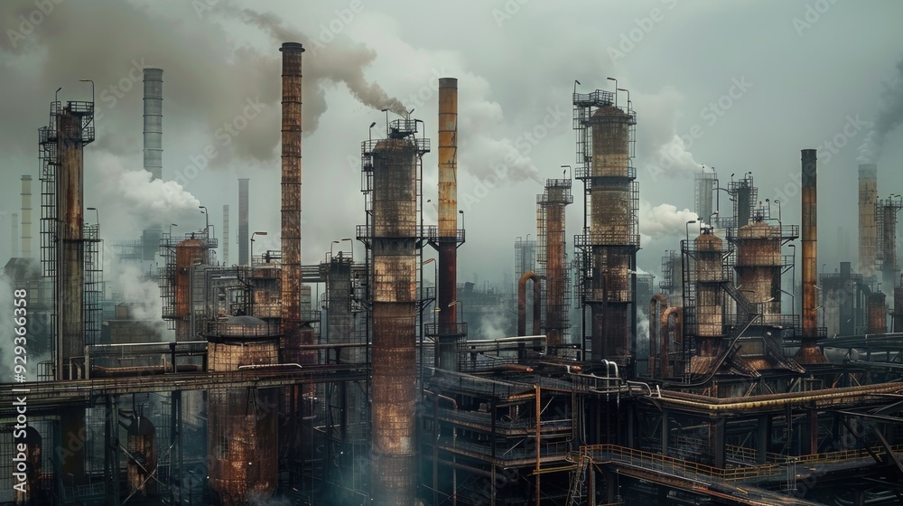 Factory emitting smoke from its chimneys, industrial pollution Factory emitting smoke from its chimneys, industrial pollution