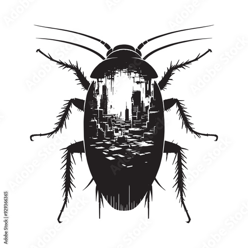 silhouette of cockroach front, filled with destroyed futuristic dystopia environment in rough drawing,