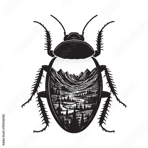silhouette of cockroach front, filled with mountain and nature view in rough drawing,