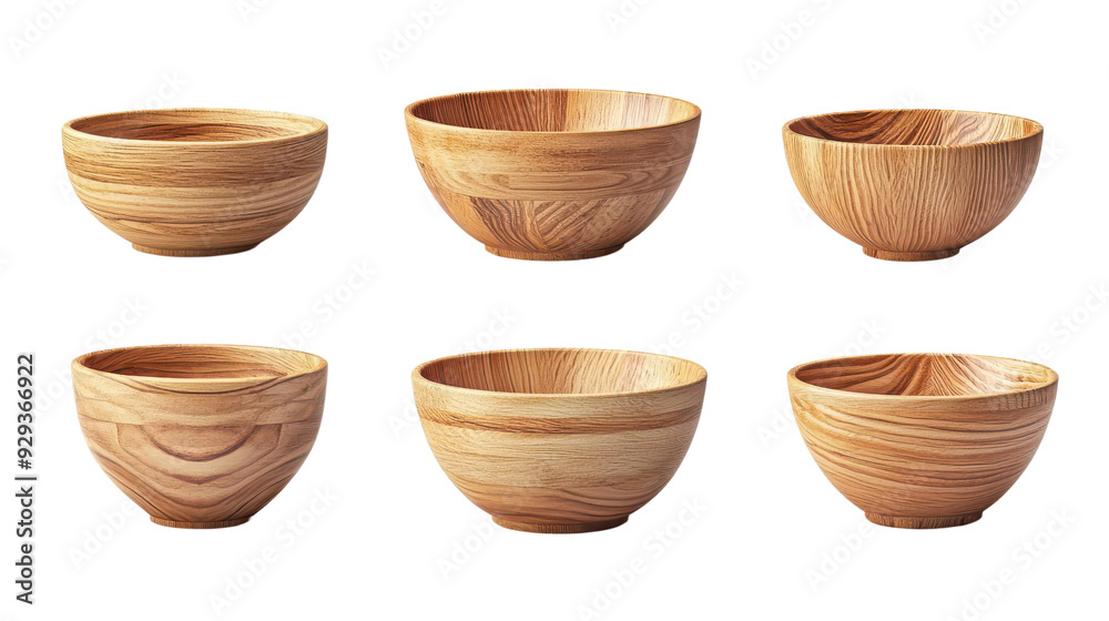 A set of six stylish wooden bowls, perfect for serving, displaying, or decorating. Natural grain adds elegance to any setting. isolated on transparent background PNG