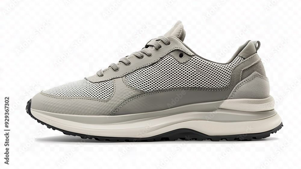 Casual running sneakers in light grey with detailed stitching, side view full length on a transparent background Casual running sneakers in light grey with detailed stitching, side view full length on a transparent background