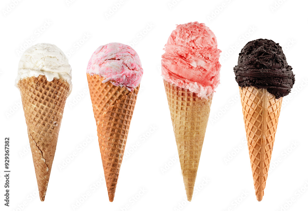 Chocolate, vanilla and  pink ice cream with cone isolated on white white background