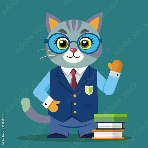 A cartoon cat character is dressed in formal attire, holding a stack of books