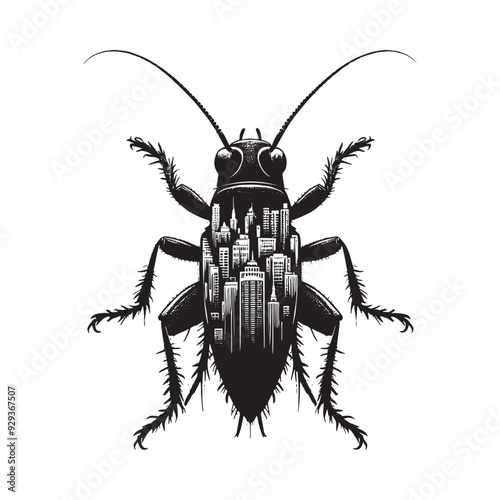 silhouette of cricket bug front, filled with cityline in rough drawing,