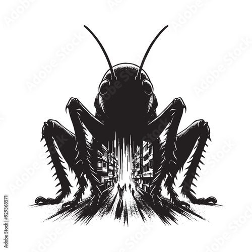 silhouette of cricket front, filled with ghetto street in rough drawing, animal,