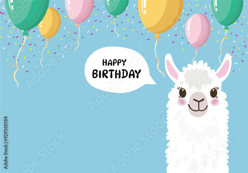 Llama with Balloons and Confetti - Happy Birthday Greeting Card Design