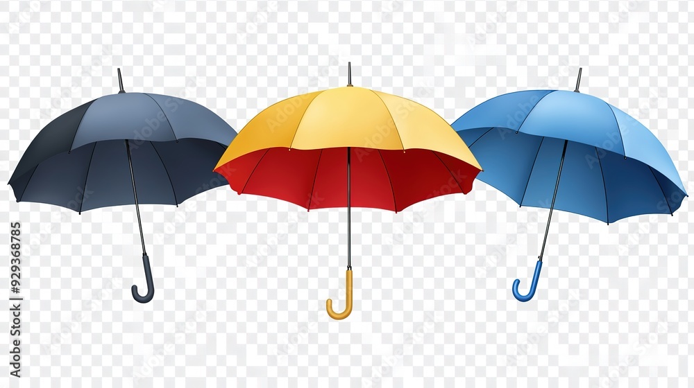 An arrangement of three open umbrellas in blue, yellow, and red, with handles, set on a transparent background, highlighting rain protection accessories