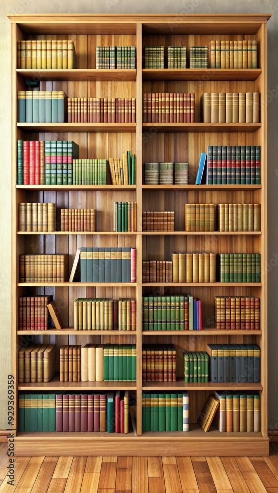 A wooden bookcase filled with various colorful books in a cozy setting. Generative AI A wooden bookcase filled with various colorful books in a cozy setting. Generative AI