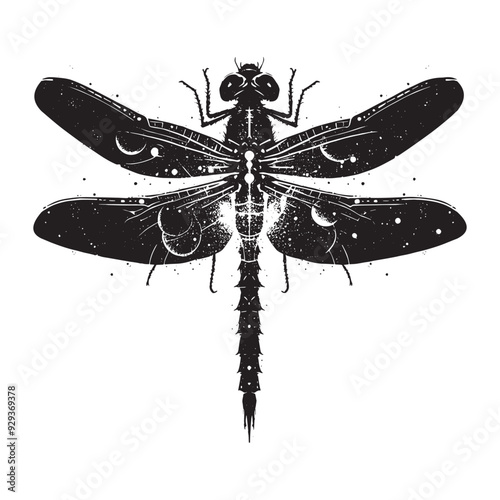 silhouette of Dragonfly, filled with space and sci-fi element in rough drawing, animal,