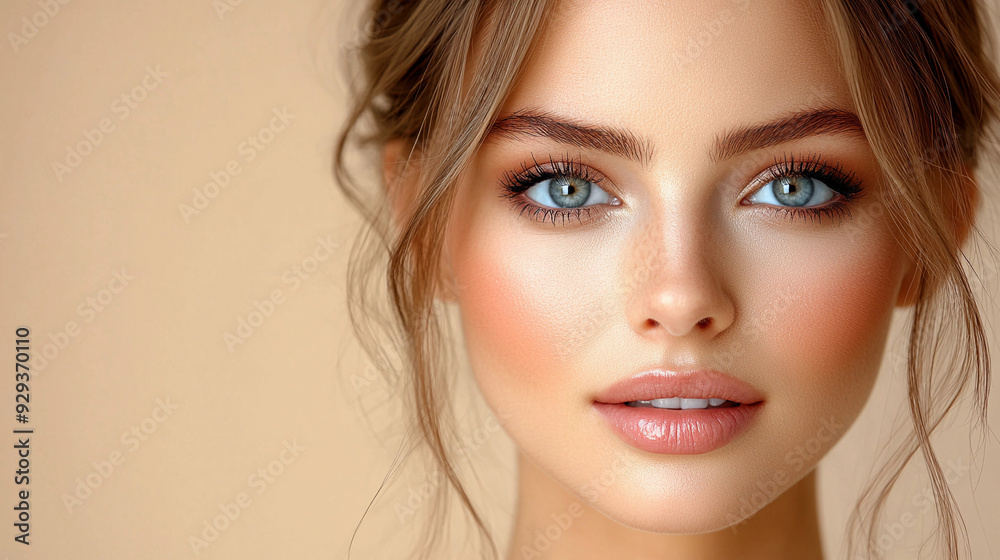 A young woman poses with a serene expression, highlighting her striking blue eyes and flawless skin under gentle lighting A young woman poses with a serene expression, highlighting her striking blue eyes and flawless skin under gentle lighting