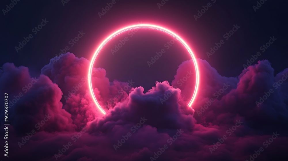 Glowing pink neon ring over abstract clouds. Glowing pink neon ring over abstract clouds.