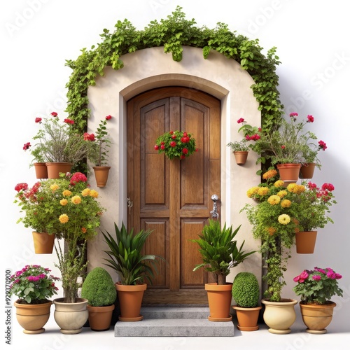 Doorway adorned with vibrant potted plants and flowers in a sunny garden setting. Generative AI