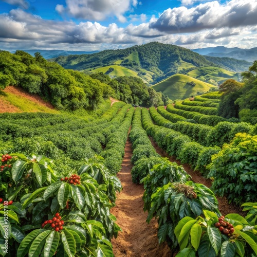 Coffee plantation with lush greenery and rolling hills under a vibrant sky. Generative AI