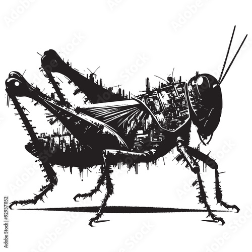 silhouette of Grasshopper flying, filled with destroyed futuristic dystopia environment in rough drawing, animal,