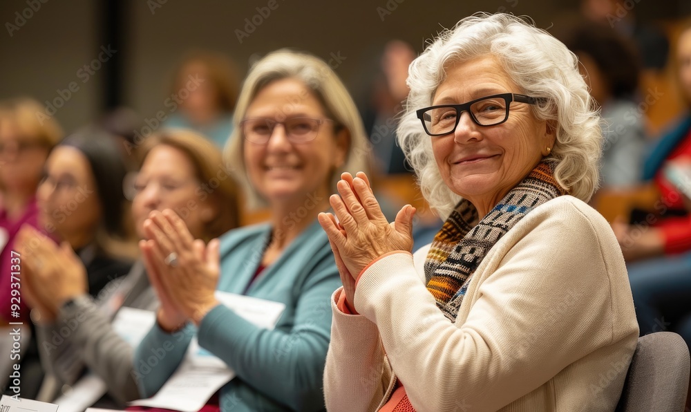 Fototapeta premium Audience Applauding in Amphitheater During Panel Discussion