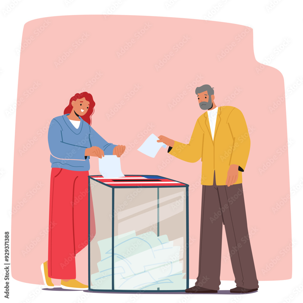 Two People Characters Casting Their Votes At A Polling Station. The Image Conveys A Sense Of Civic Duty, Participation